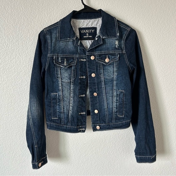 Vanity Jackets & Blazers - Vanity Dark Blue Distressed Denim Cropped Button Up Small Jean Jacket for Women